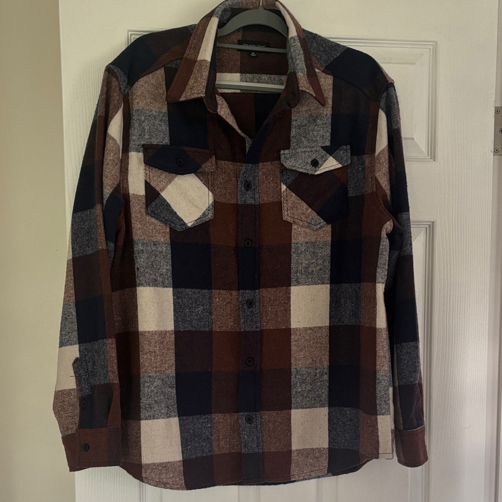 Men's Plaid Golden Tree Flannel Button Down Shirt - Brown, Blue, and Cream